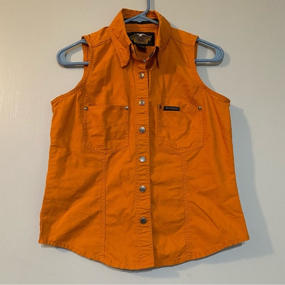 HARLEY DAVIDSON Moto Sleeveless Orange Button Down Shirt Size Small - Picture 3 of 11